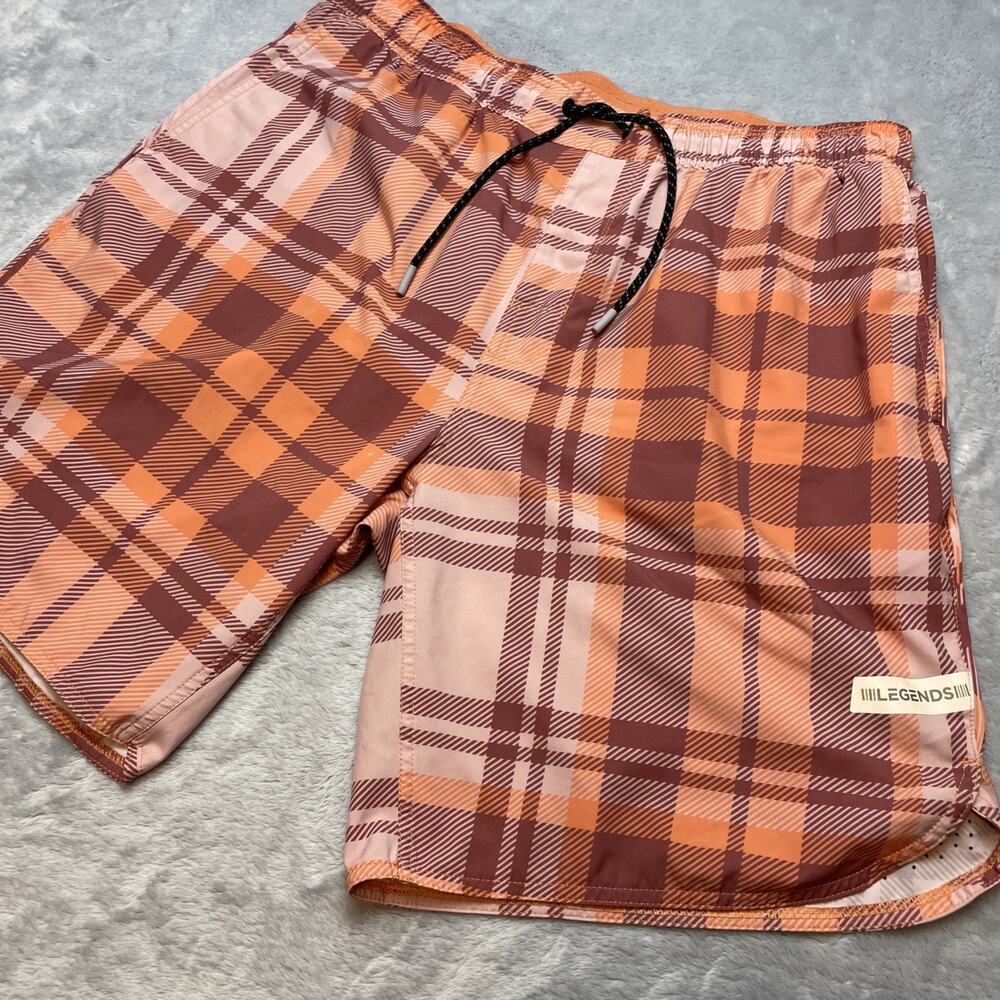 Legends Mens Luka Mesh Shorts Size XL Orange Plaid 9" Inseam Unlined Performance